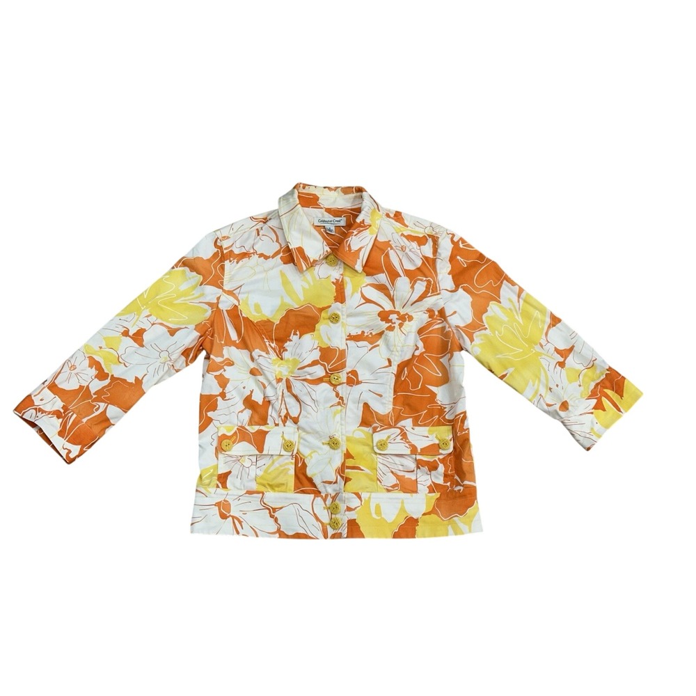 COLDWATER CREEK Yellow Orange Floral 3/4 Sleeve Jacket‎ Blazer Size 8